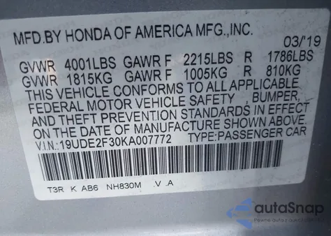 2019 Acura Ilx Standard from USA, damaged, VIN 19UDE2F30KA007772